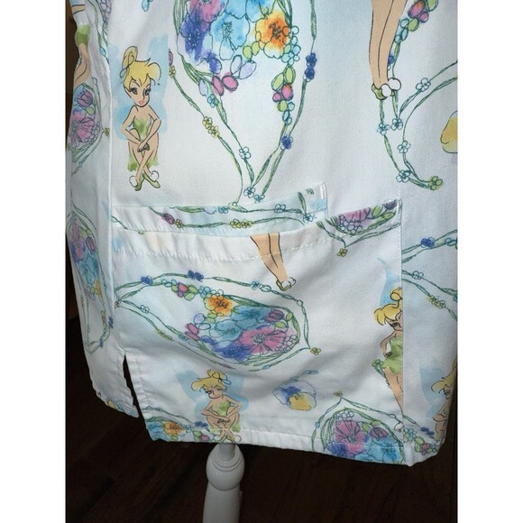 Disney Tinker Bell Scrub Top Women’s L Large White V-Neck Nurse Uniform Pockets - Picture 6 of 11
